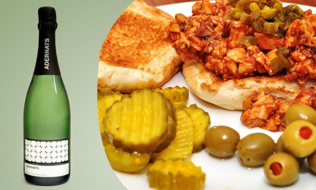 Try a dry Cava with bbq chicken and pickles