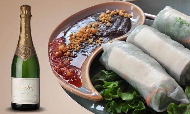 try a demi-sec (off-dry) sparkling wine with asian spring rolls