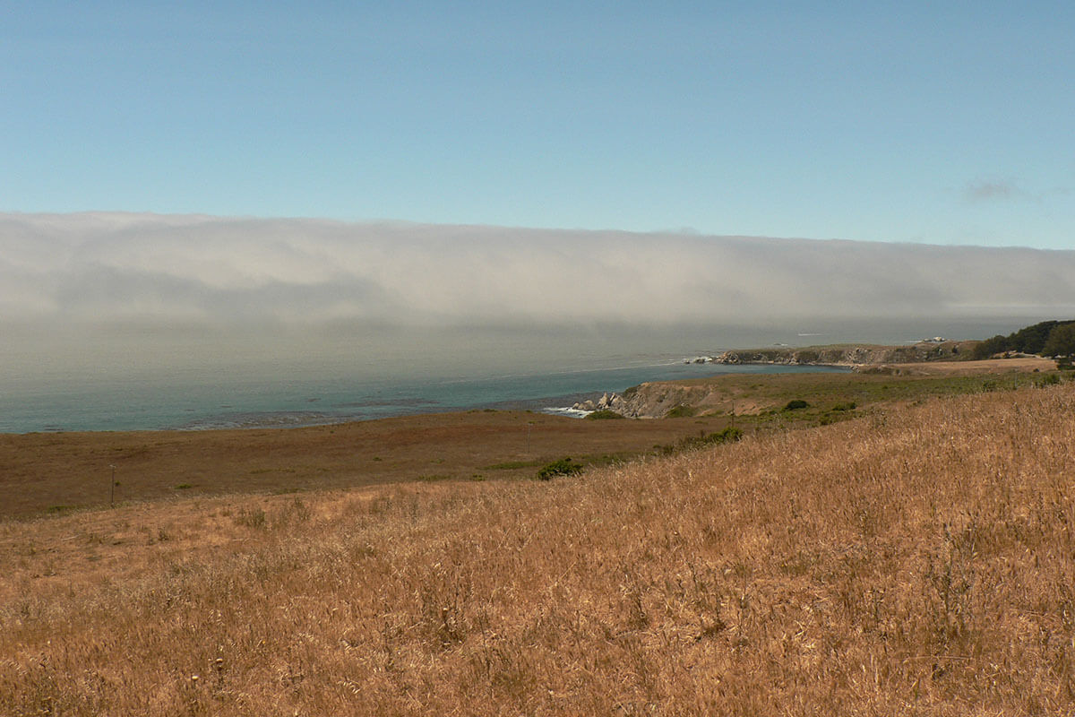 Fog coming from the Pacific Ocean into Fort Ross, California.