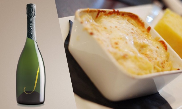 try American brut sparkling wine with mac & cheese