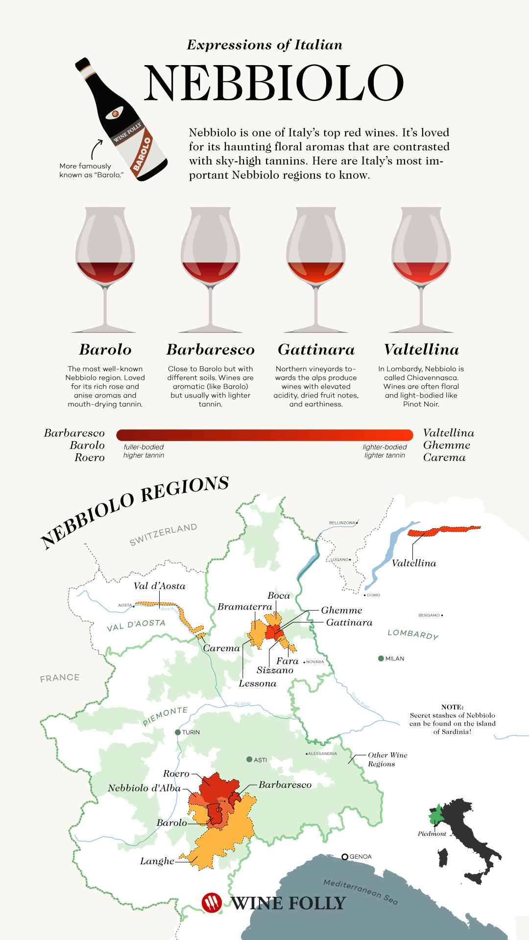 Nebbiolo Wine Regions names including Barolo and Barbaresco wine map by Wine Folly